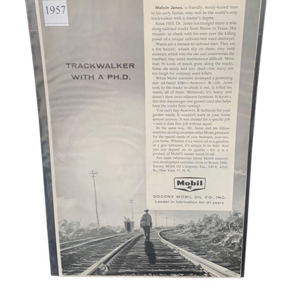 Vintage 1957 Socony Mobil Track Walker with a PH.D Ad Advertisement